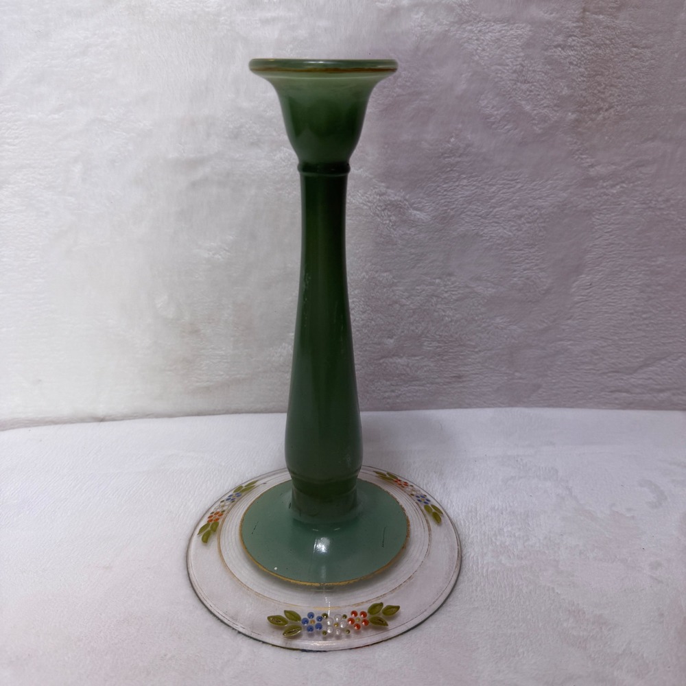 VTG‎ Art Deco Sage Green Hand Painted Floral Glass Candlestick Holder